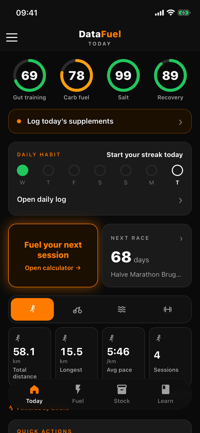 The DataFuel app showing four scores: gut training, carb fuel, salt and recovery