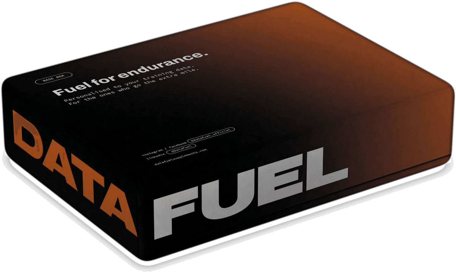 The DataFuel supplement box: matte black carton with an orange gradient, DATA on the short side and FUEL on the front